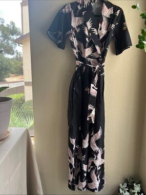 Black Crane-Print Cropped Jumpsuit with Tie Waist